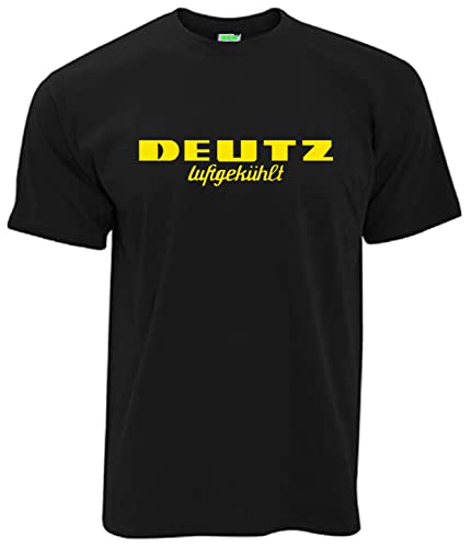 Deutz Luftgekühlt Oldtimer T-Shirt Herren, Kurzarm, Rundkragen | gelber Brustdruck | Schwarz | Größe 4XL von Bimaxx