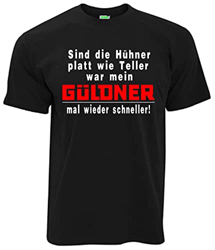 T-Shirt Sind die Hühner platt wie Teller, war Mein Güldner Wieder schneller Herrenshirt Kurzarm Rundkragen | Schwarz | Größe 3XL von Bimaxx