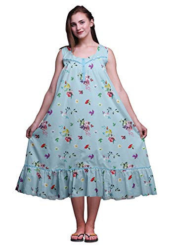 Bimba Baby blau Blumen- Blätter & Rose Mid Calf Nightwear Damen Bedruckte Baumwolle Maxikleid mit ärmellosen Nachthemden Medium von Bimba