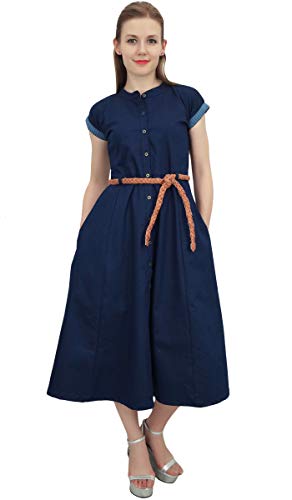 Bimba Bleu Marine Denim Femmes Solides Mi-Mollet A-Ligne Robe Nouée À La Taille Dori - 50 von Bimba