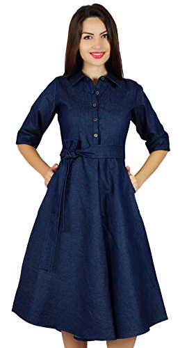 Bimba Damen Blau Denim Chambray Casual Etuikleid Sommerkleider von Bimba