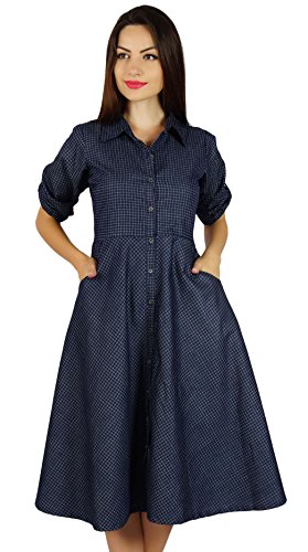 Bimba Damen-Hemdkleid Aus Baumwolle Mit Knöpfen Und Taschen, Legerer Kragen, Blau von Bimba