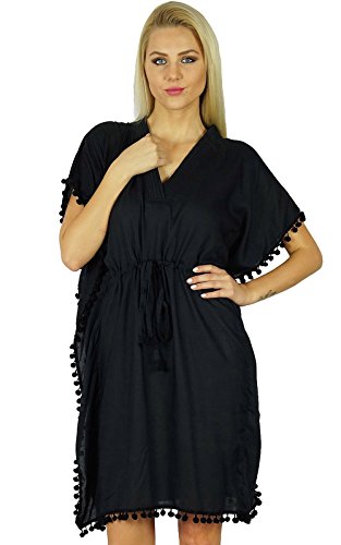 Bimba Damen Kaftan aus Baumwolle mit VAusschnitt und PomPomQuasten Kurzer Kaftan Beachwear Cover Up von Bimba