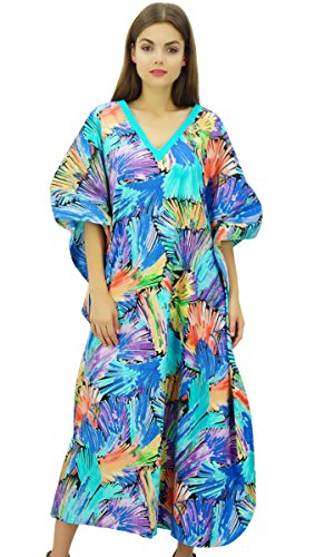Bimba Damen-Kimono, Baumwolle, V-Ausschnitt, einfach zu tragen, Kaftan-Kleid, Badeanzug, Kaftan, Maxi-Kleid, blau, 50 von Bimba