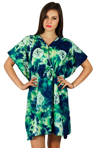 Bimba Damen Kurz Baumwolle Kaftan blau gedruckt Kaftan Bademode Coverup Komfort Kleidung von Bimba