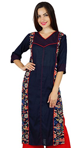 Bimba Frauen Blau Kurta Gerade Kurti Viertel-Ärmeln Indian Ethnic Tunika Lange Boho Chic Bluse von Bimba