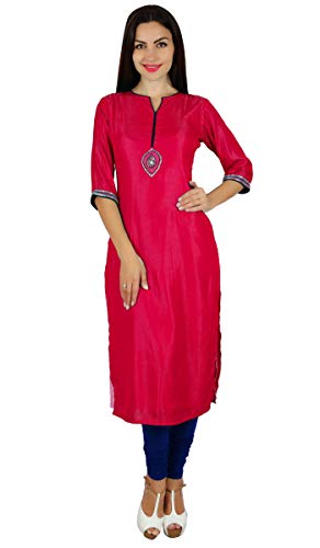 Bimba Frauen Deep Pink schicke Art Tunika Indian gerade Kurti mit Hand-Perlen Arbeit Spitzenbluse von Bimba
