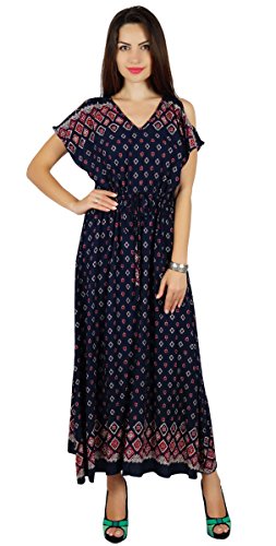 Bimba Frauen Lange Maxi-Kleid mit Tunnelzug Boho Chic Sommerkleidung kalte Schulter lässig von Bimba