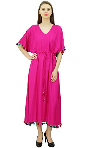 Bimba Frauen Rayon Long Kaftan Kleid Mit Pom Pom Maxi Kaftan Designer Chic Coverup von Bimba