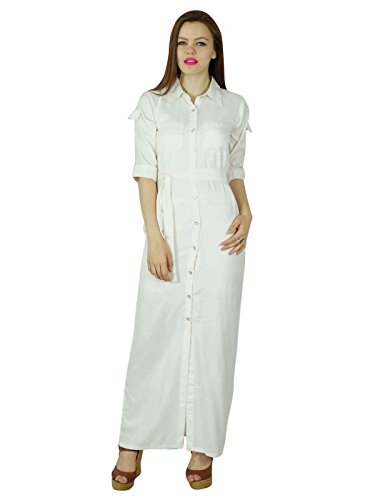 Bimba Frauen langes Hemd weiß Rayon Maxi-Kleid-Taste unten Kleid schicken Stil Sommerkleidung von Bimba