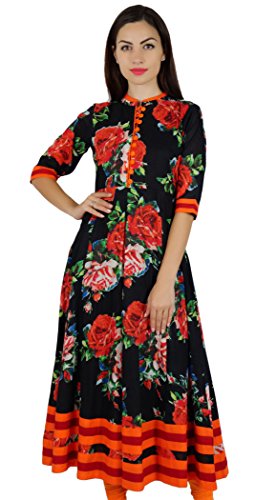 Bimba Frauen mit Blumenmuster in schwarz Baumwolle Kurta Mandarinekragen Anarkali Kurti indische Designer ethnischen Kleid von Bimba