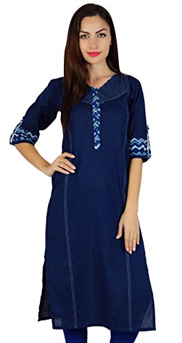 Bimba blau Baumwolle Kurti 3/4 Ärmel lässig Kurta Frauen mit Taschen gerade Tunikabluse von Bimba