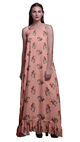 Bimba rosa Lachs2 Blumen- Blätter & grandi Rosen bedrucktes langes Maxikleid für Frauen Rayon Nachthemd Spaghetti Strap Damen Sleepwear XX-Large von Bimba