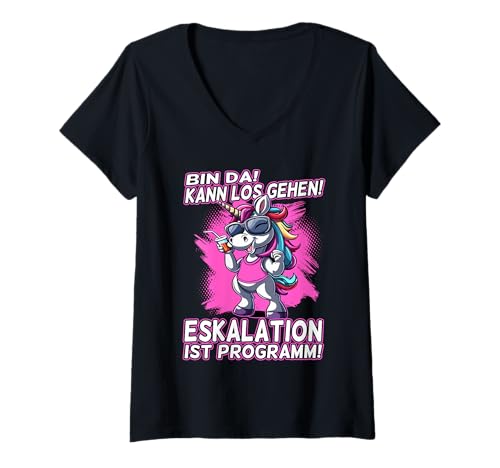 Damen Bin da! Kann los gehen! Eskalation ist Programm! Mädelsabend T-Shirt mit V-Ausschnitt Damen Bin da! Kann los gehen! Eskalation ist Programm! Mädelsabend T-Shirt mit V-Ausschnitt von Bin da kann losgehen und Mädelsabend Geschenke