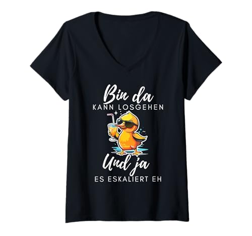 Damen Lustige Ente mit Cocktail und Party Spruch für Mädelsabend T-Shirt mit V-Ausschnitt Damen Lustige Ente mit Cocktail und Party Spruch für Mädelsabend T-Shirt mit V-Ausschnitt von Bin da kann losgehen und ja es eskaliert eh
