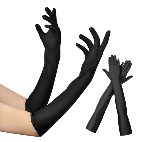 BinXiaoQin Lange Handschuhe Damen,Satin Kostüm Handschuhe Lang Schwarz,handschuhe Prinzessin,für Karneval Wedding Zeremonielle Party Theaterhandschuhe,Maid Braut French Elegant Audrey Kostüm Gloves von BinXiaoQin
