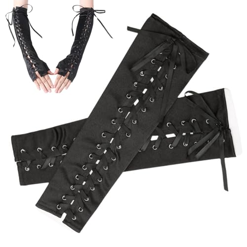 Hexen Handschuhe Spitze Armstulpen Gothic Feder Gloves Hexenhandschuhe Hexe Arme Braut mit Schnürung Damen Kostüm Accessoires für Fest Ball Party Cosplay Fasching Halloween Hochzeit Karneval Opera von BinXiaoQin