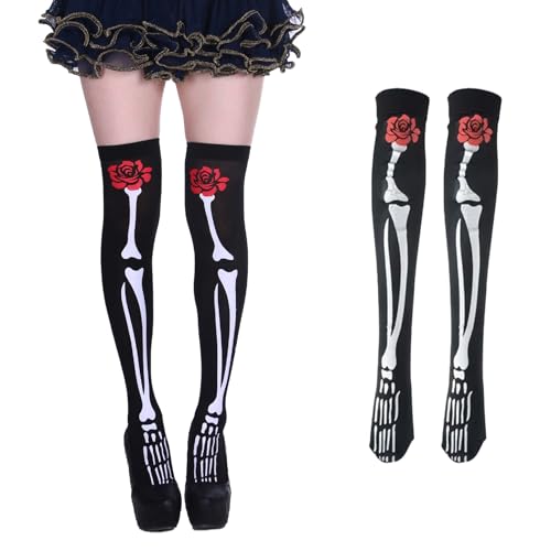 Strumpfhose Skelett Strumpfhose Damen Halloween Strumpfhose Damen Halloween Leggings Damen Schwarz-Weiß für Karneval, Mottoparty mit Weiß Skelett-Print Hexenvampire Horror KostüM Accessoires Socken von BinXiaoQin
