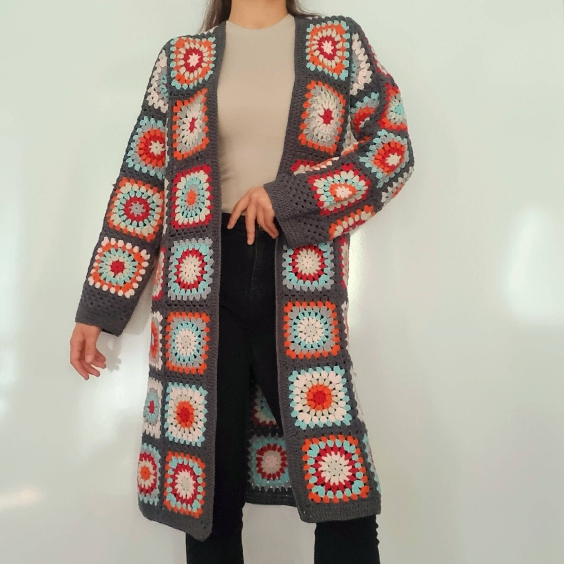 Grandma Square Gardigan/Häkelmantel Oversize-Strickjacke Afgan Mantel Häkeljacke Strickjacke Für Frauen Hippie von Binbiryama