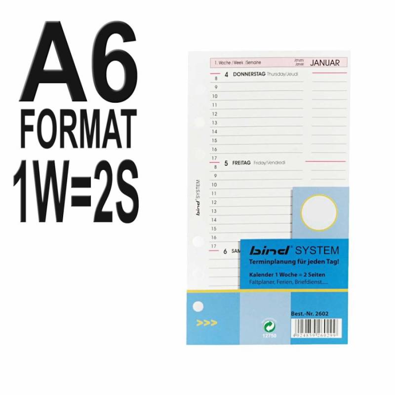 A6-Kalendereinlage 1 Woche = 2 Seiten 2025 von Bind