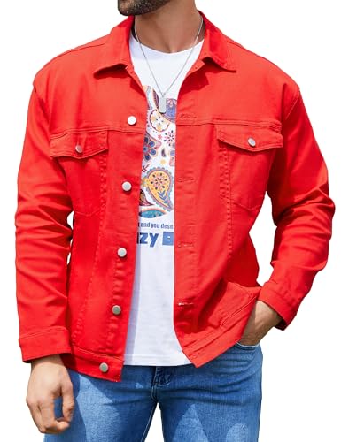 Bindefon Denim-Jacken für Herren, Trucker-Jeansjacke, ungefütterte Mäntel, Frühlings-Herbst-Outfits, Rot/Ausflug, einfarbig (Getaway Solids), M von Bindefon