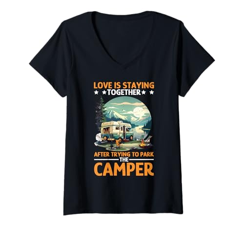 Damen Love is Staying Together After Parking The Camper T-Shirt mit V-Ausschnitt Damen Love is Staying Together After Parking The Camper T-Shirt mit V-Ausschnitt von Bindung verheirateter Camper