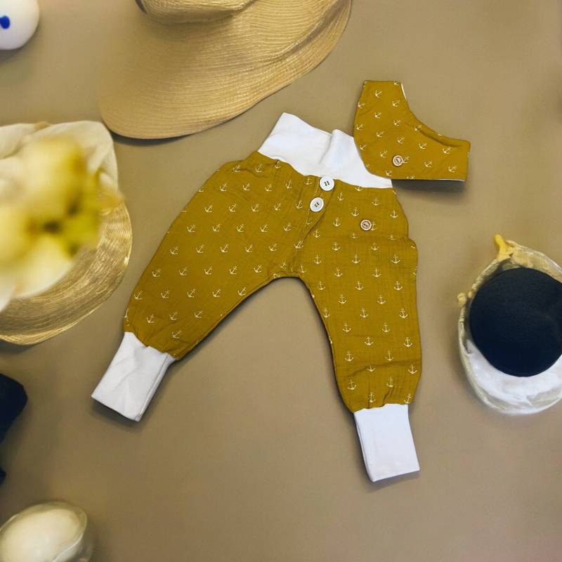 Set Baby Hose Halstuch Musselin Kleidung Sommerkleidung Pumphose Anker Senfgelb Babyhose Sommer von BinesWunderladen