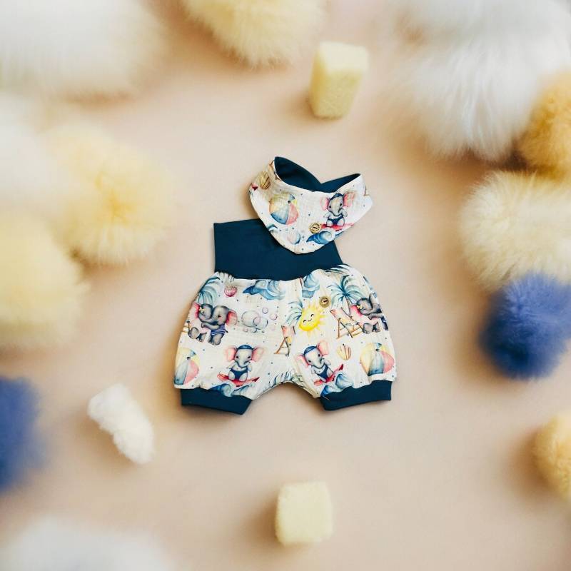 Set Hose Halstuch Baby Musselin Elefant Strand Kleidung Sommershorts Pumphose Kurz Babyhose von BinesWunderladen