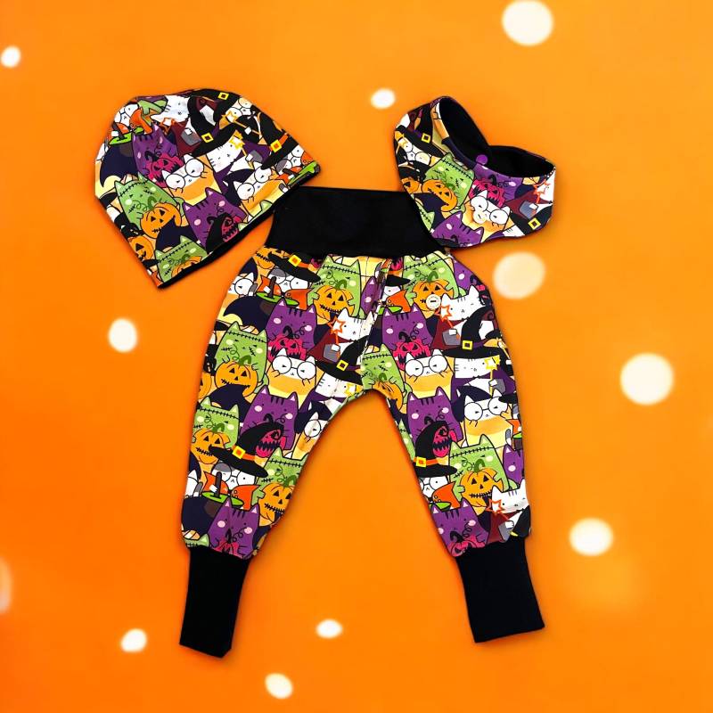 Set Pumphose Baby Halstuch Mütze Halloween Katzen Babykleidung Mitwachshose Sugarskulls Babygeschenke Zur Geburt Outfit Kleinkind von BinesWunderladen