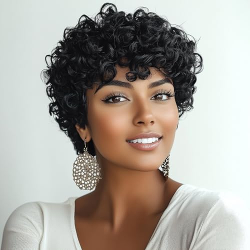 Kurze lockige Perücke für schwarze Frauen, Pixie-Schnitt, schwarze Bob-Rose, lockige Perücken mit Pony, kurz, schwarz, Afro-Bouncy Curly Pixie-Perücke von BingSing