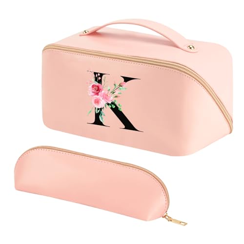 Binggemen Make-up-Tasche, Reise-Kosmetiktasche für Damen, wasserdicht, tragbar, Reise-Kulturbeutel, Make-up-Organizer mit Griff und Trennwand, Pink, Buchstabe K von Binggemen