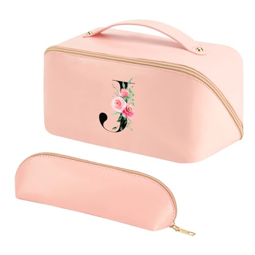 Personalisierte Make-up-Tasche, Reise-Kosmetiktasche mit Pinseltasche für Damen, große Kapazität, tragbarer Kulturbeutel, Make-up-Organizer, Pink, Buchstabe J von Binggemen