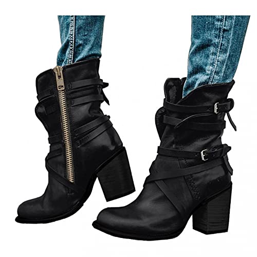 Binggong Damen Stiefeletten Biker Boots Stiefel mit Absatz Damen Klassische Stiefeletten Frauen Schuhe Blockabsatz Herbst Winter Bequeme Schuhe Schnallen Worker Boots Schnürstiefelette von Binggong