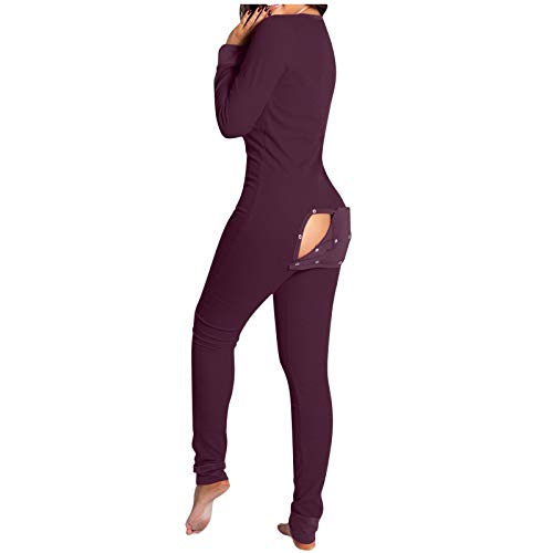 Binggong Frauen funktionale Butt Button-Down vorne geknöpfte Klappe Overall Pyjama V-Ausschnitt Langarm einteilig Bodycon Strampler Onesies von Binggong