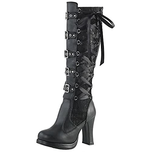 Binggong Plateau Langschaft Stiefel Damen High Heels Stiefel mit Blockabsatz Sexy Worker Boots Einfarbige Schnürsenkel Cosplay Gothic Hoch Stiefel Damen Overknee Stiefel Plateaustiefel von Binggong