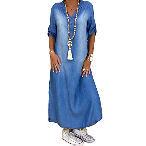 Binggong V-Ausschnitt Jeanskleider Denimkleid Sommerkleid Lang Damen Blusekleid Casual Strandkleider Maxikleider Elegant Cocktailkleid (L, Blau) von Binggong