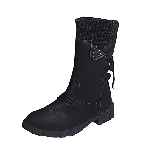 Binggong Winterschuhe Damen Vintage Schneestiefel rutschfest Biker Stiefel Winterstiefel mit Blockabsatz Hohe Stiefel Schnürstiefel Worker Boots Mode Langschaft Stiefel von Binggong