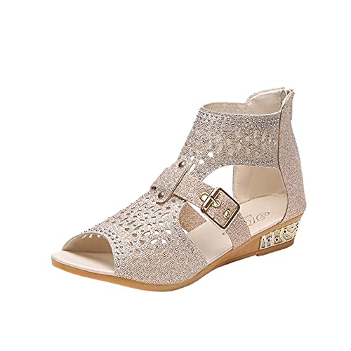 Sandalen Damen Große Größe Strass Retro Boho Sandalen Wedge Heel Flatform Open Toe Reißverschluss Schuhe Strandsandalen Frauen Bequeme Schnalle Sandaletten Freizeit Atmungsaktiv Sandal von Binggong