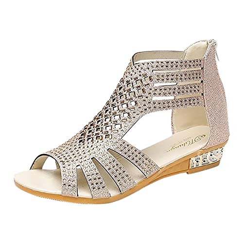 Sandalen Damen Große Größe Strass Retro Boho Sandalen Wedge Heel Flatform Open Toe Reißverschluss Schuhe Strandsandalen Frauen Bequeme Schnalle Sandaletten Freizeit Atmungsaktiv Sandal von Binggong