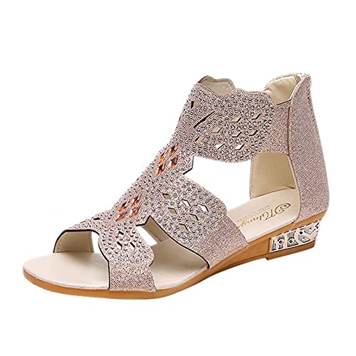 Sandalen Damen Große Größe Strass Retro Boho Sandalen Wedge Heel Flatform Open Toe Reißverschluss Schuhe Strandsandalen Frauen Bequeme Schnalle Sandaletten Freizeit Atmungsaktiv Sandal von Binggong