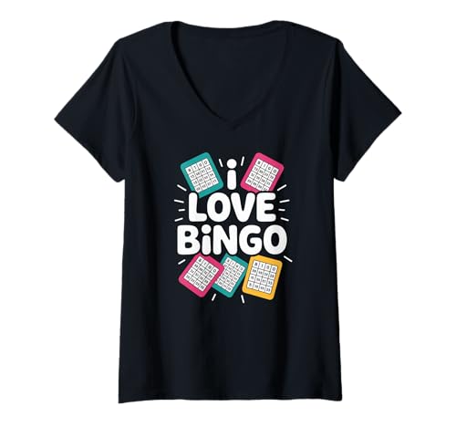 Damen Ich Liebe Spielspaß mit Bingokarten T-Shirt mit V-Ausschnitt von Bingo Card Enthusiasts Fun Game