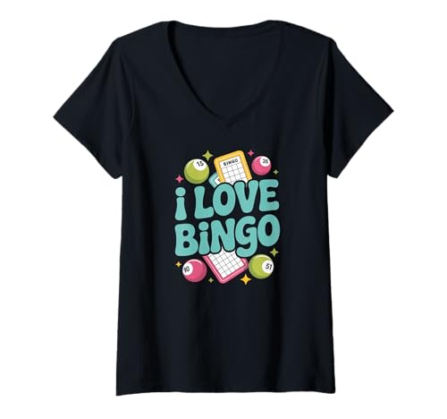 Damen I Love Bingo Bunte Bälle Spaß Spiel T-Shirt mit V-Ausschnitt Damen I Love Bingo Bunte Bälle Spaß Spiel T-Shirt mit V-Ausschnitt von Bingo Enthusiast Fun Game Design