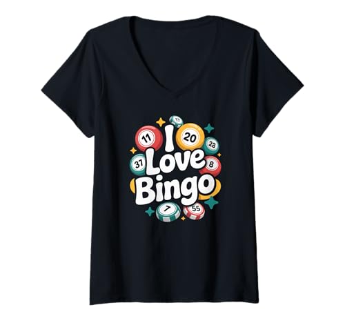 Damen I Love Bingo Fun Numbers Enthusiasten T-Shirt mit V-Ausschnitt Damen I Love Bingo Fun Numbers Enthusiasten T-Shirt mit V-Ausschnitt von Bingo Enthusiast Fun Playful Design