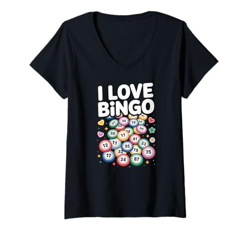 Damen I Love Bingo, buntes Zahlen-Design T-Shirt mit V-Ausschnitt Damen I Love Bingo, buntes Zahlen-Design T-Shirt mit V-Ausschnitt von Bingo Enthusiast Passionate Players
