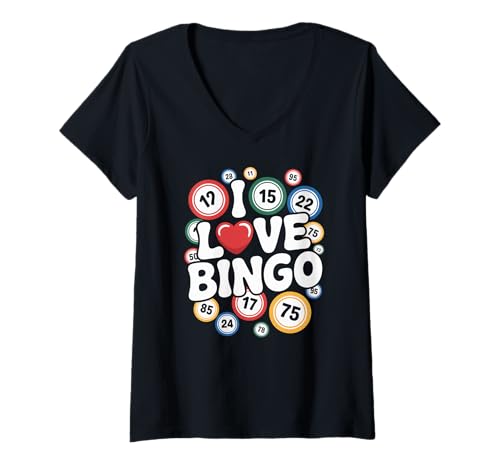 Damen I Love Bingo Herz Spaß Zahlen Spiel T-Shirt mit V-Ausschnitt von Bingo Enthusiasts Club Winning Numbers