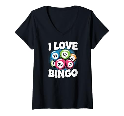 Damen I Love Bingo lustiges buntes Design T-Shirt mit V-Ausschnitt Damen I Love Bingo lustiges buntes Design T-Shirt mit V-Ausschnitt von Bingo Enthusiasts Fun Community