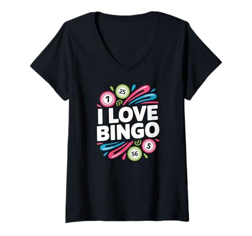 Damen I Love Bingo Lustiges, buntes Design T-Shirt mit V-Ausschnitt von Bingo Enthusiasts Passionate Playful Numbers