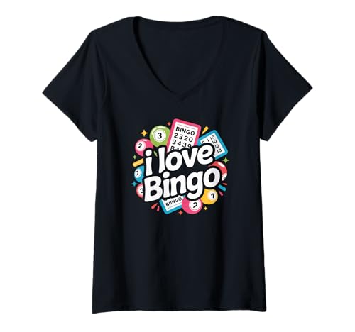 Damen I Love Bingo buntes Spieldesign T-Shirt mit V-Ausschnitt Damen I Love Bingo buntes Spieldesign T-Shirt mit V-Ausschnitt von Bingo Game Fun Enthusiasts Graphic