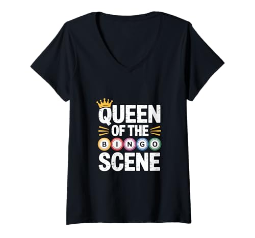 Damen Königin Der Bingo Szene Krone Text T-Shirt mit V-Ausschnitt Damen Königin Der Bingo Szene Krone Text T-Shirt mit V-Ausschnitt von Bingo Königin Szene Gewinner Spaß