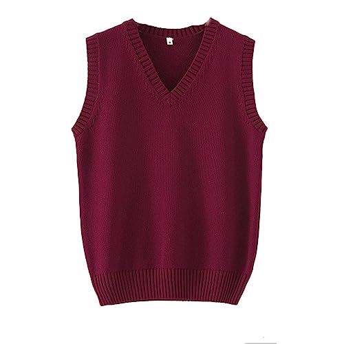 Herren Damen Strickweste Baumwolle V-Ausschnitt Weste JK Uniform Pullover Ärmellos Pullover Schule Strickjacke - Rot - Groß von Betonsa